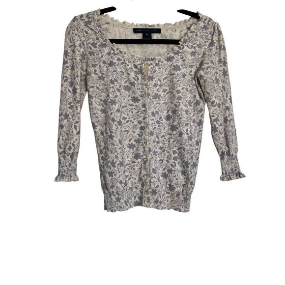 Marc by Marc Jacobs Cardigan Womens Size XS Ivory Gray Floral Ruffle 3/4 Sleeve - Picture 1 of 8